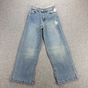 Evsie Wide Leg Jeans Girls 7 Regular Blue Light Wash Denim Raw Hem Trendy Casual